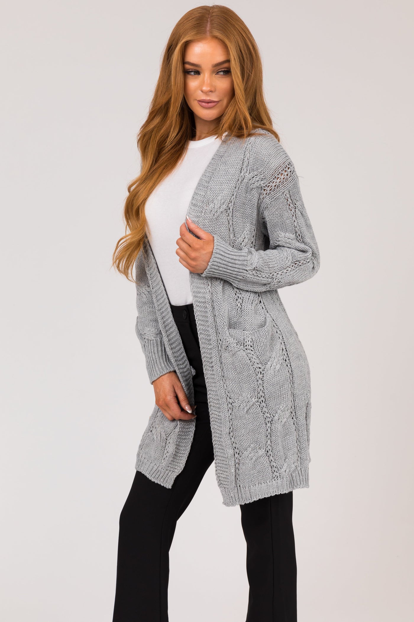Heather Grey Eyelet Cable Knit Cardigan