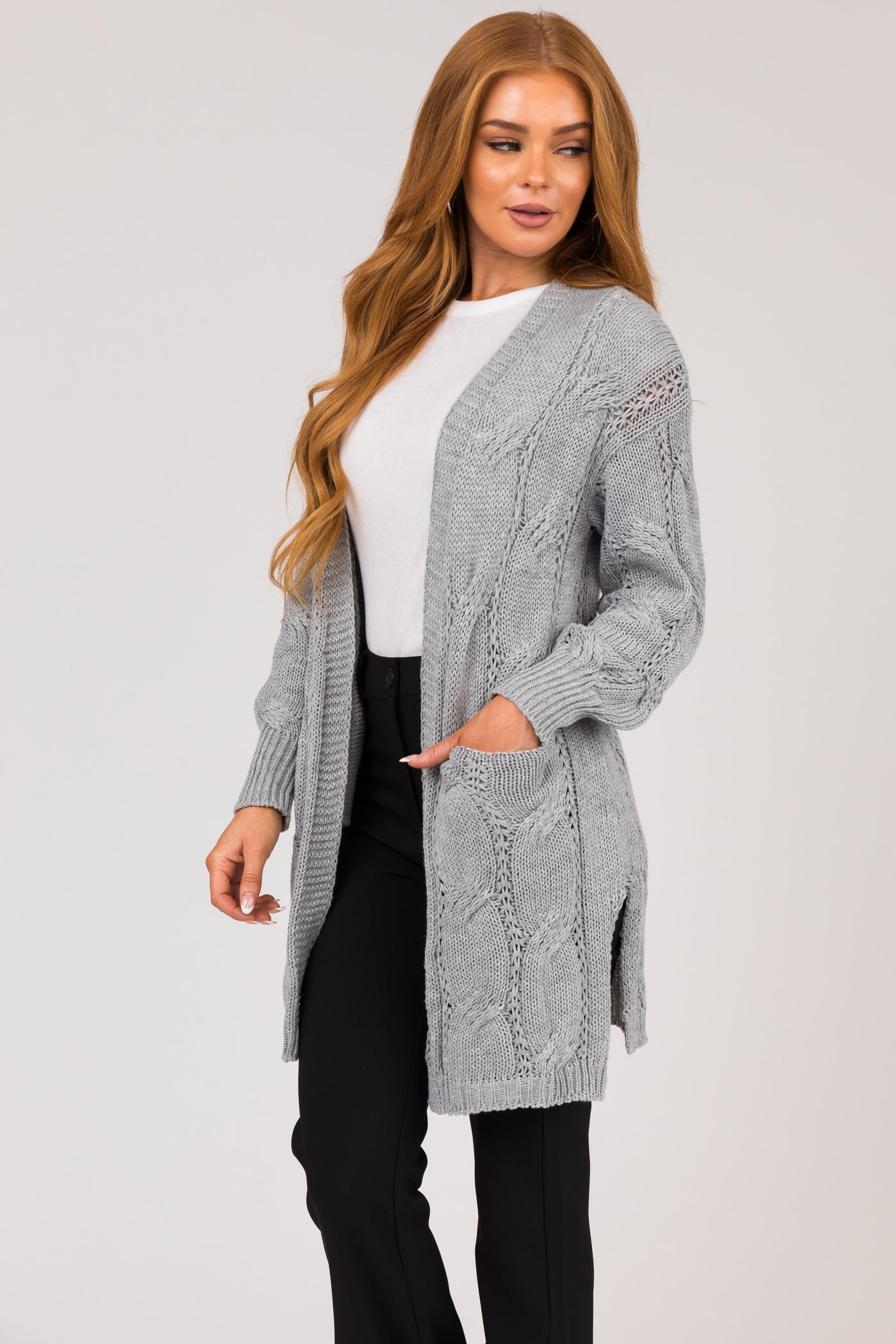 Heather Grey Eyelet Cable Knit Cardigan