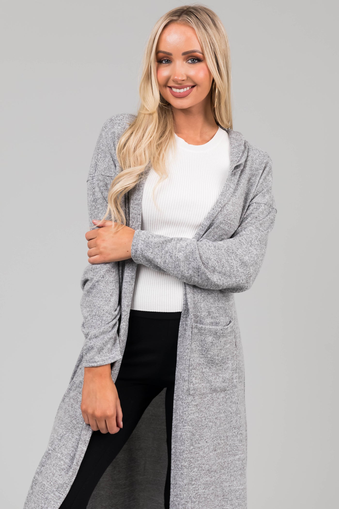 Heather Grey Long Sleeve Hooded Duster Cardigan