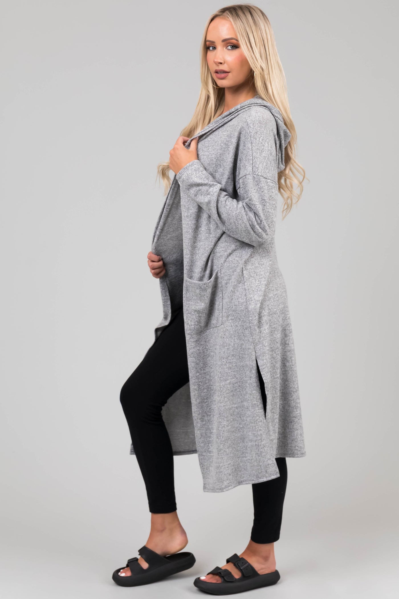 Heather Grey Long Sleeve Hooded Duster Cardigan