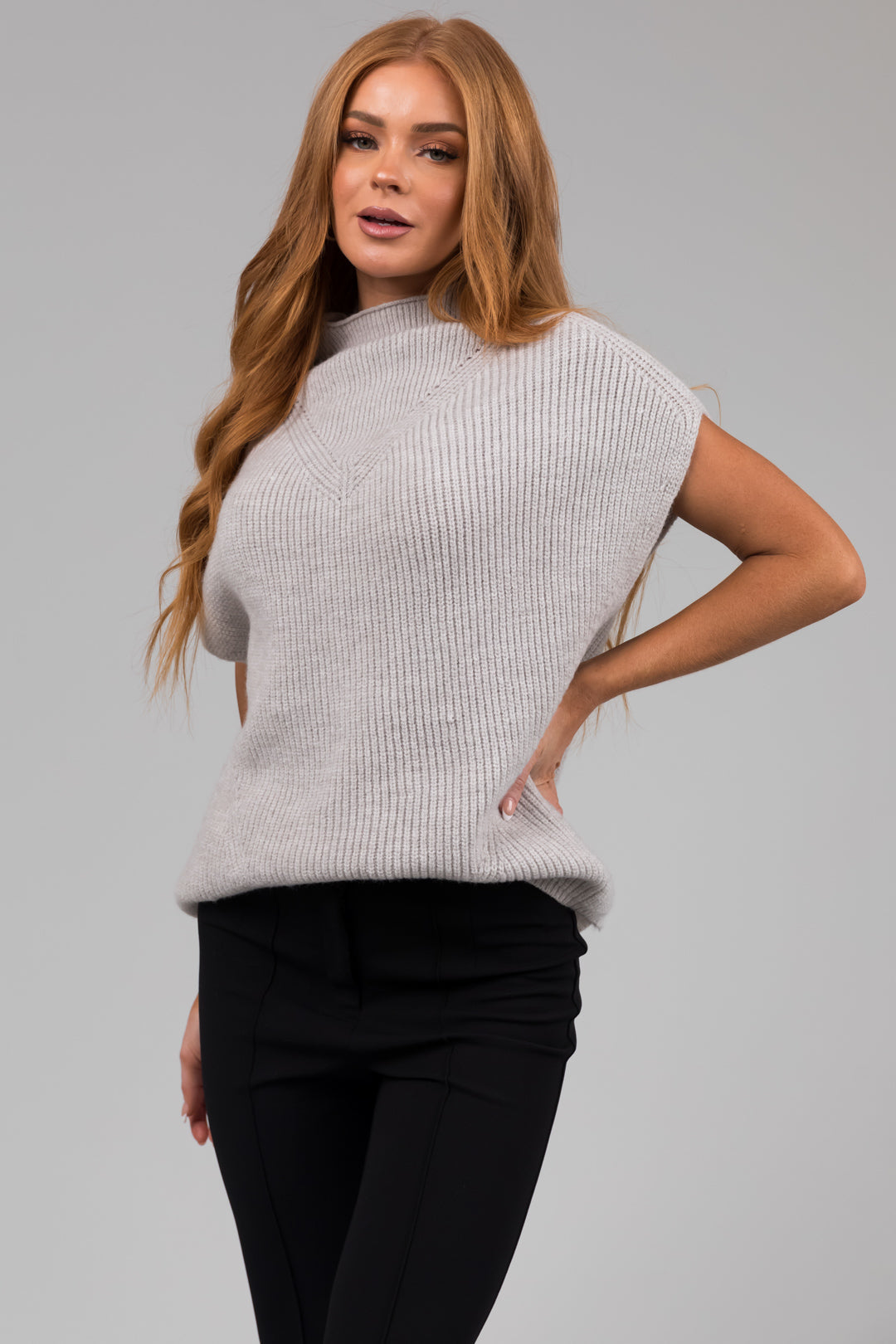 Heather Grey Mock Neck Stretchy Knit Sweater Vest