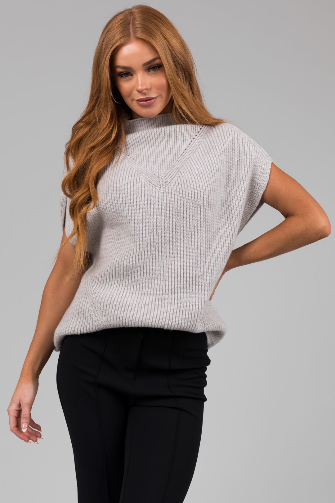 Heather Grey Mock Neck Stretchy Knit Sweater Vest