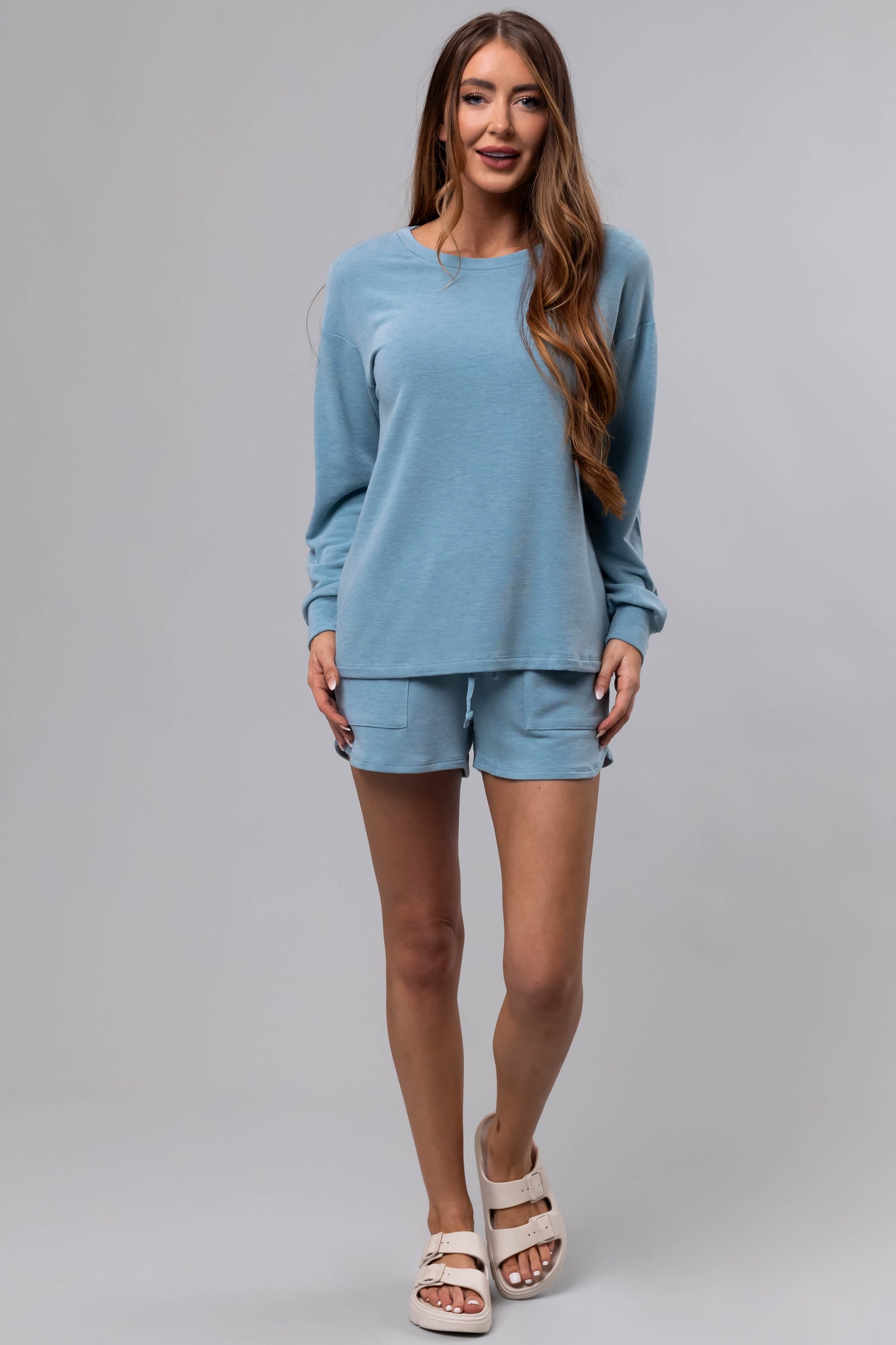 Heathered Blue Soft Knit Elastic Shorts