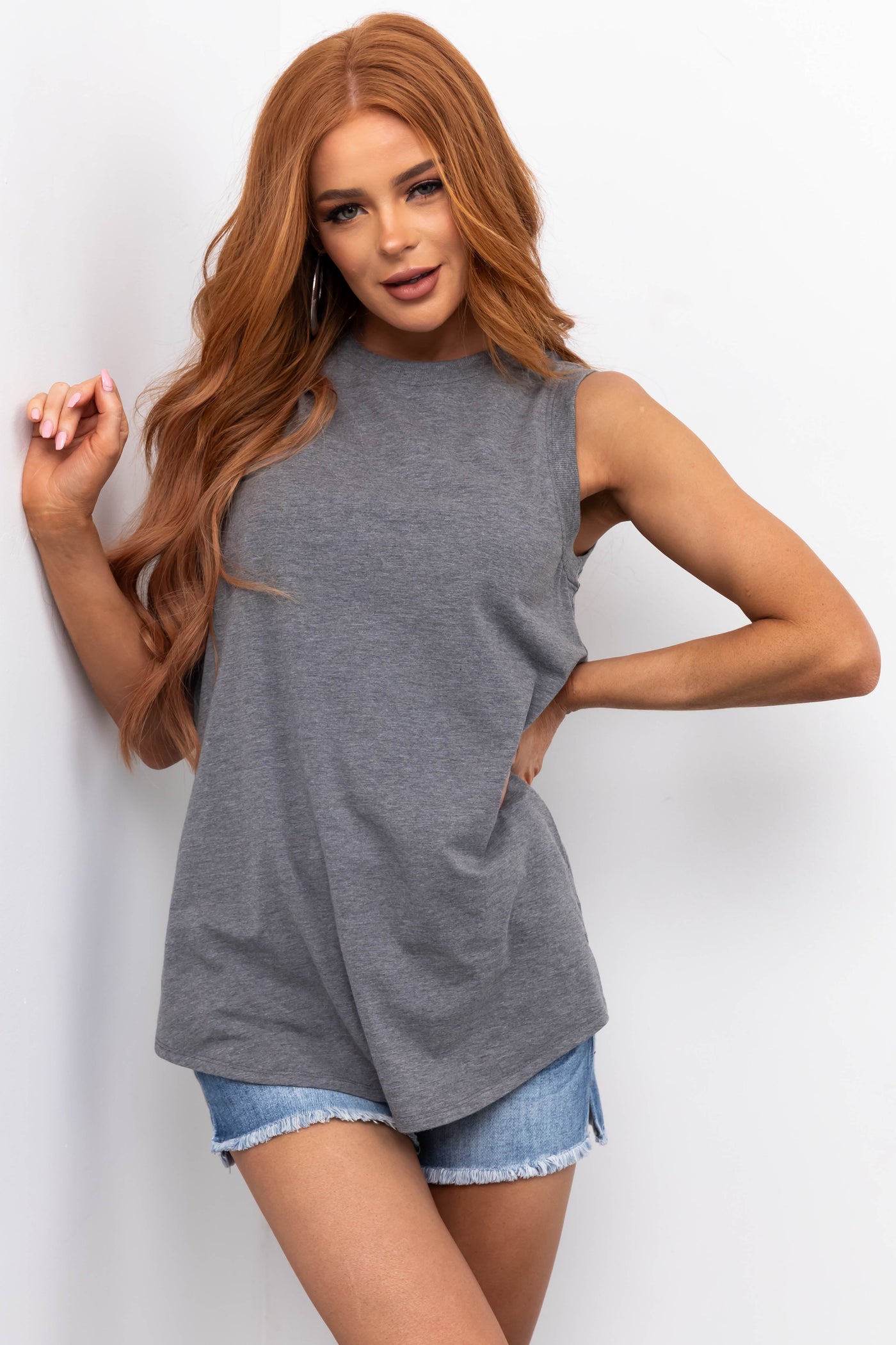 Heathered Graphite Crew Neck Flowy Knit Tank Top