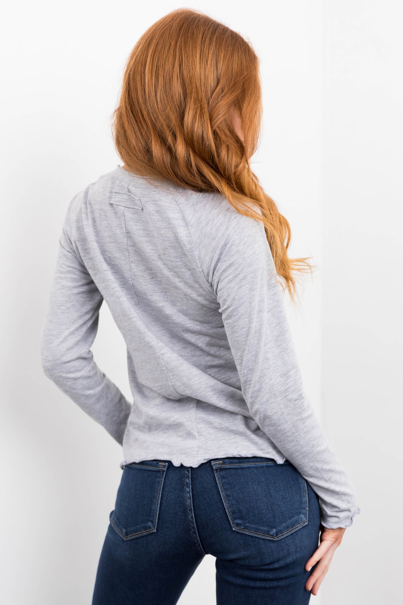 Heathered Grey Lettuce Trim Long Sleeve Top