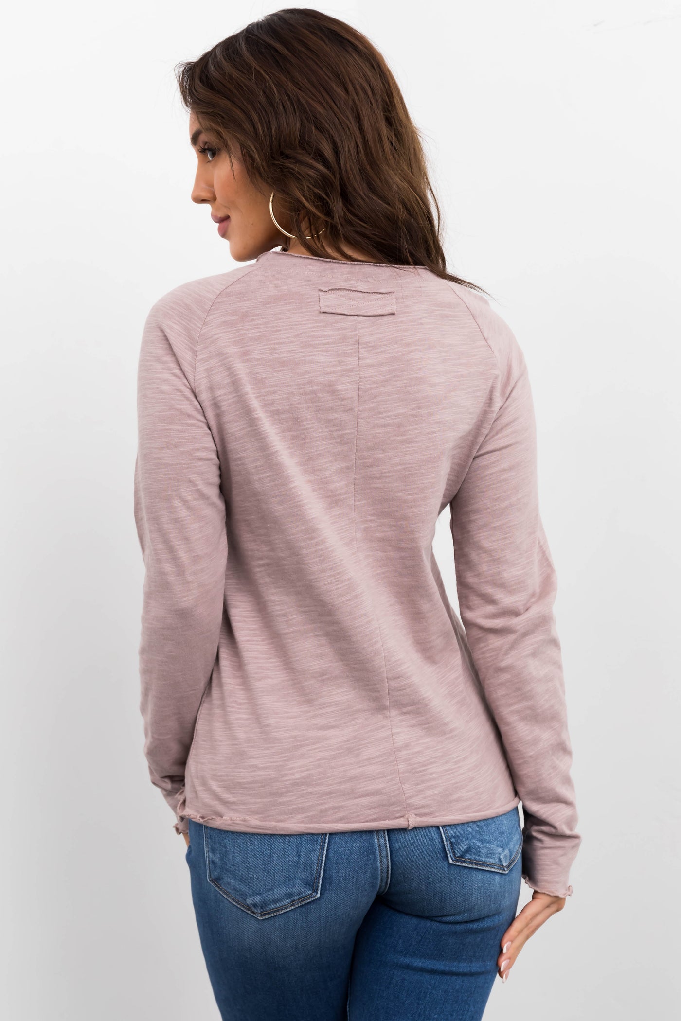 Heathered Mauve Lettuce Trim Long Sleeve Top