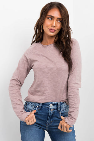 Heathered Mauve Lettuce Trim Long Sleeve Top