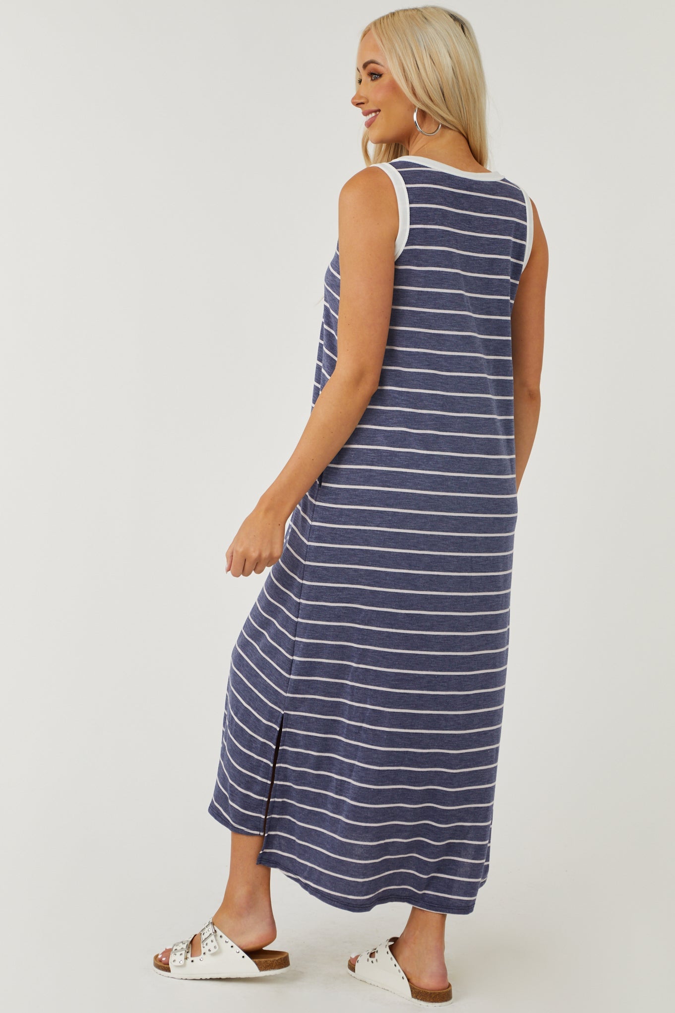 Heathered Navy Striped Notch Neck Midi Dress