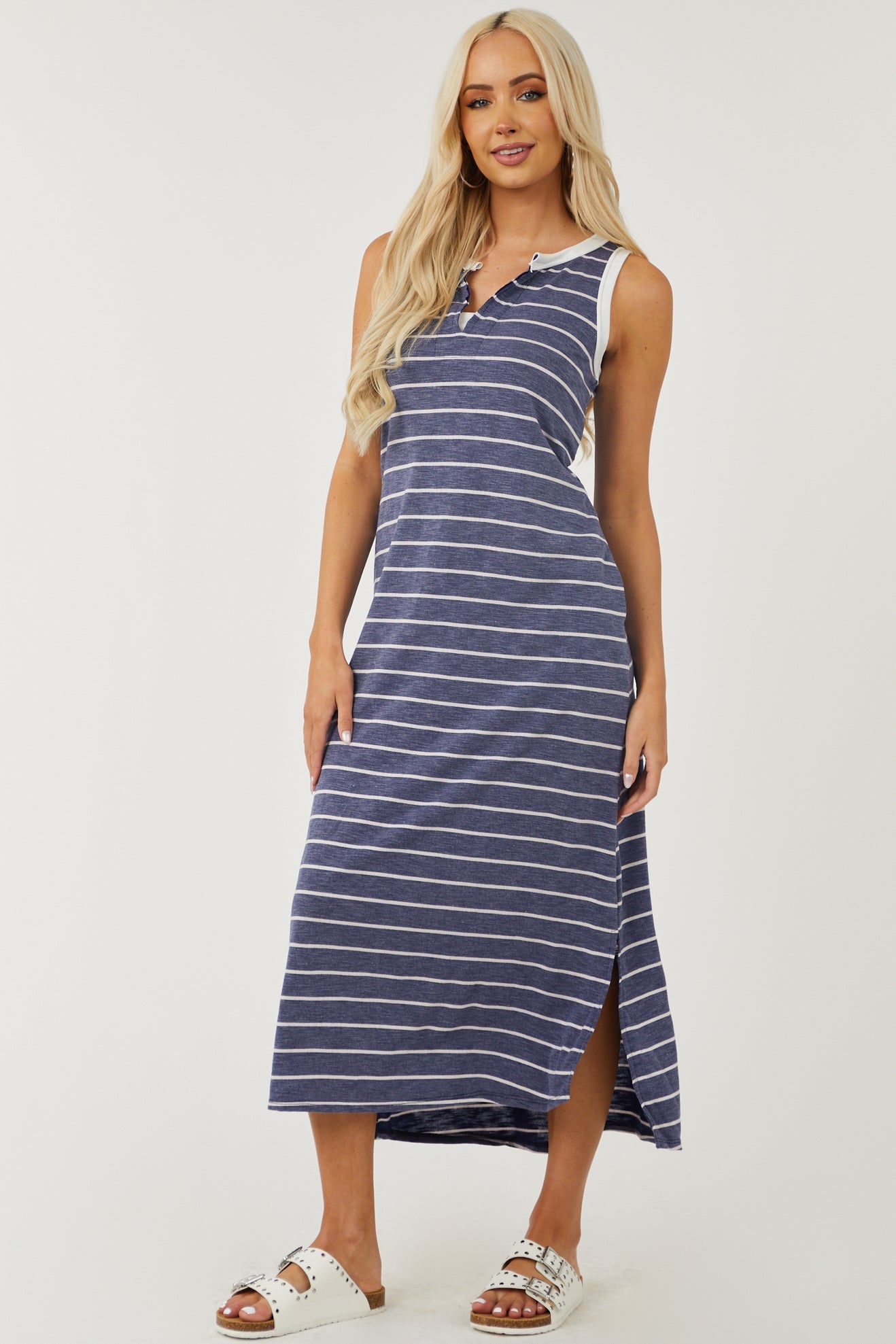 Heathered Navy Striped Notch Neck Midi Dress