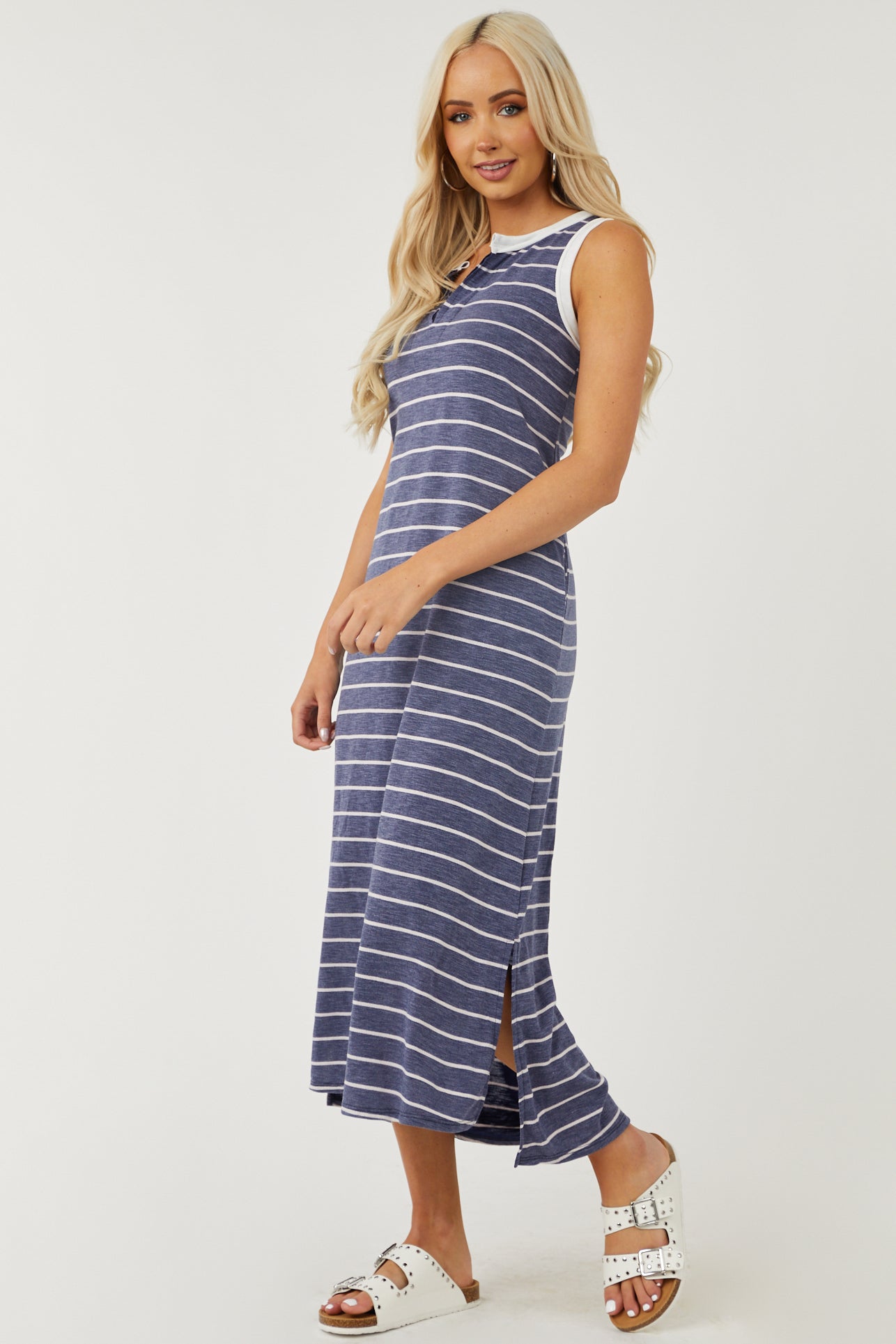 Heathered Navy Striped Notch Neck Midi Dress