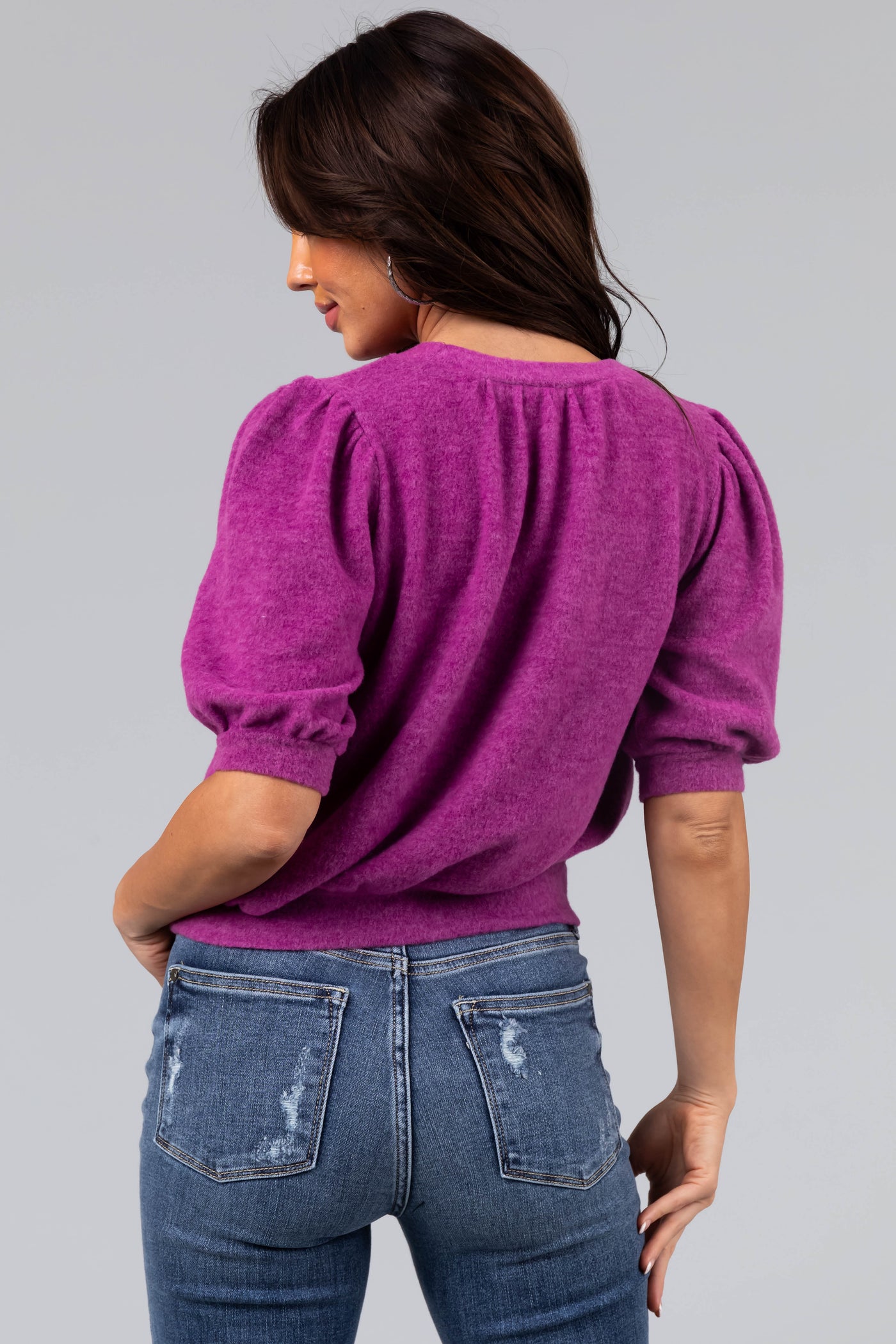 Heathered Plum Puff Sleeve Brushed Knit Top
