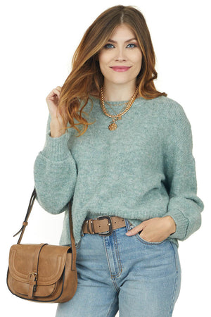 Heathered Teal Long Bubble Sleeve Knit Sweater