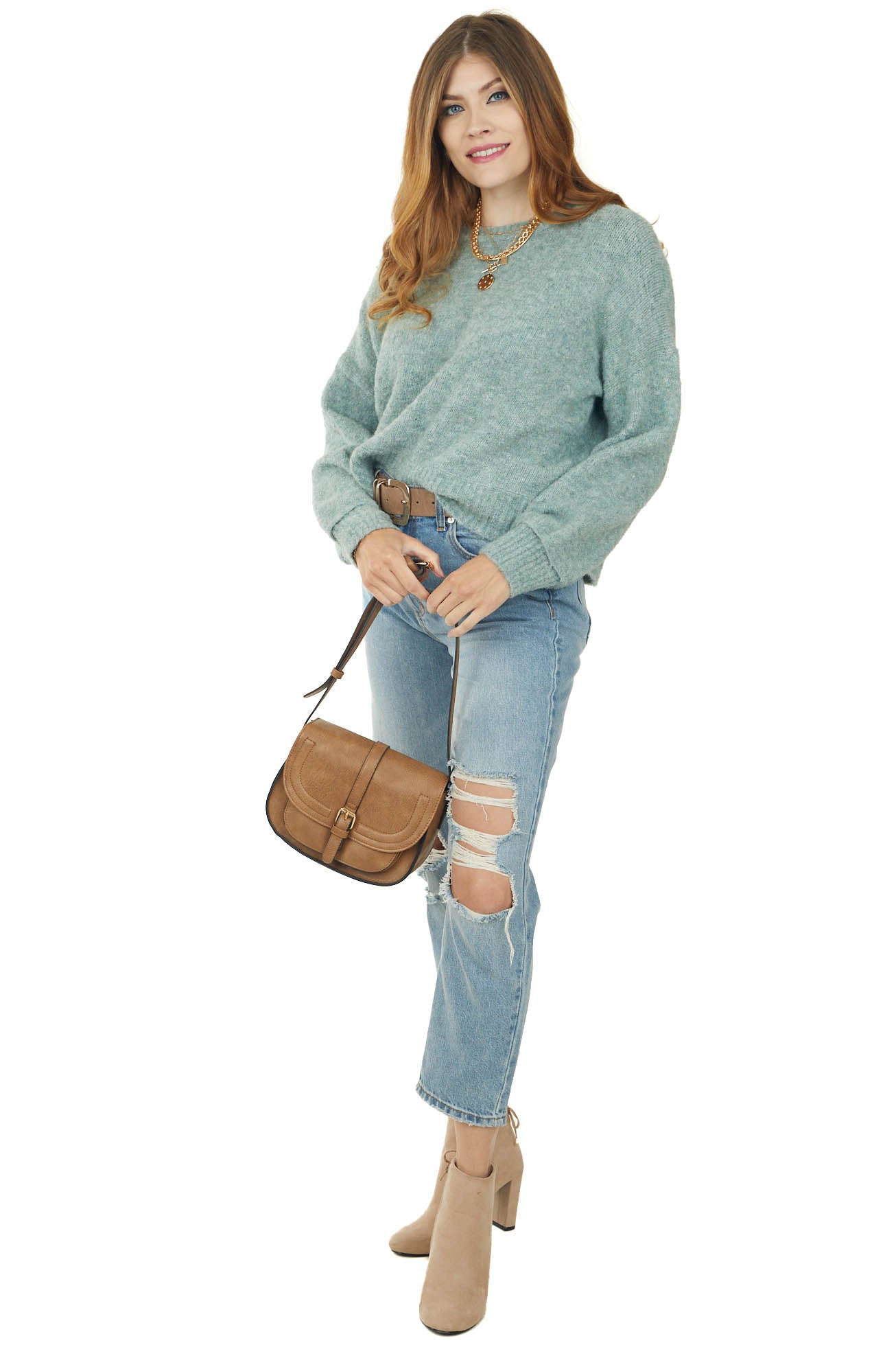 Heathered Teal Long Bubble Sleeve Knit Sweater