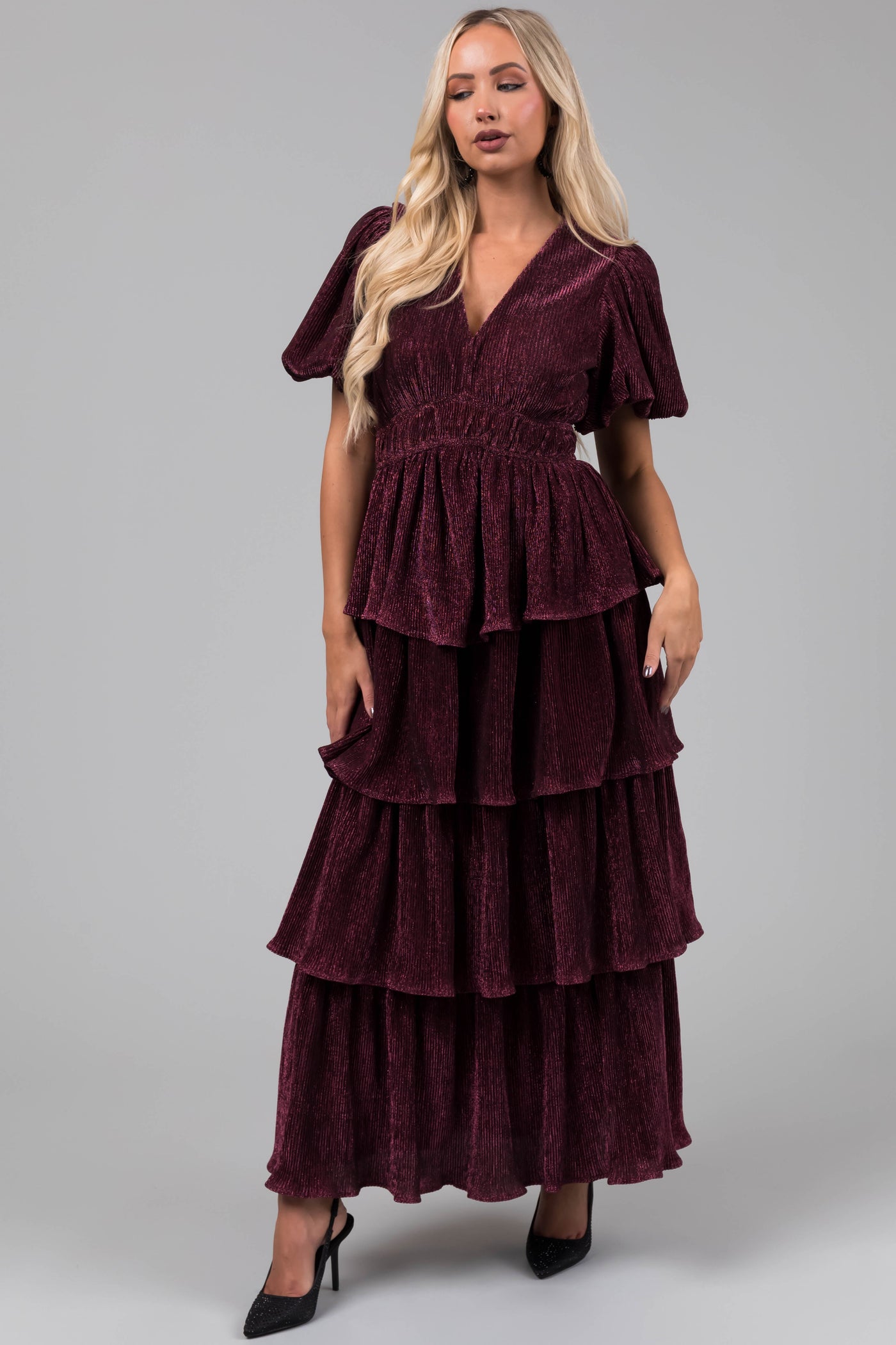 Hibiscus Metallic Thread Tiered Ruffle Maxi Dress