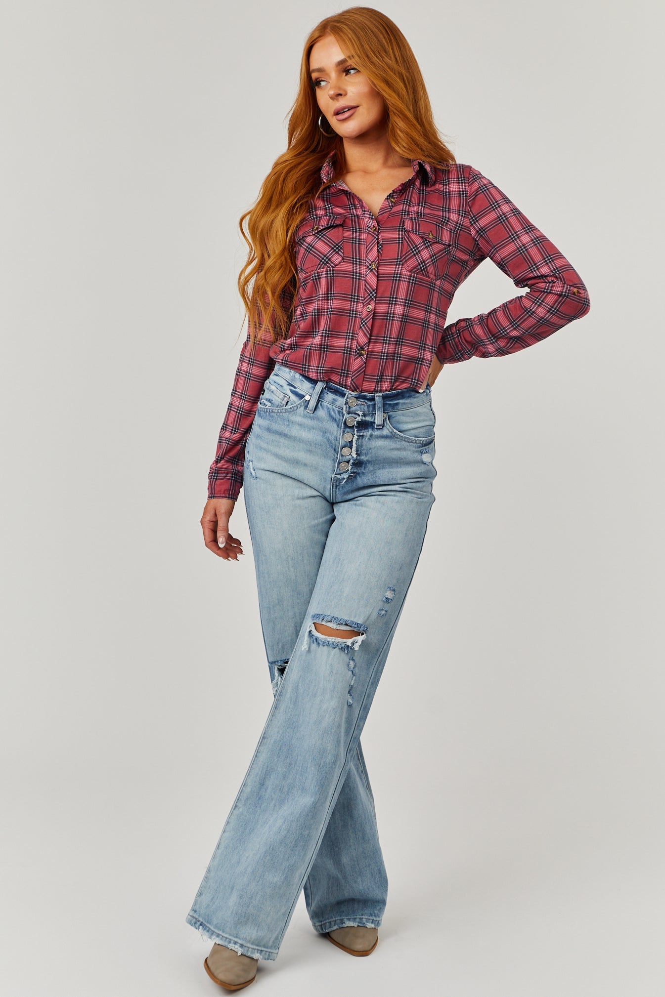 Hibiscus and Black Plaid Top with Chest Pocket