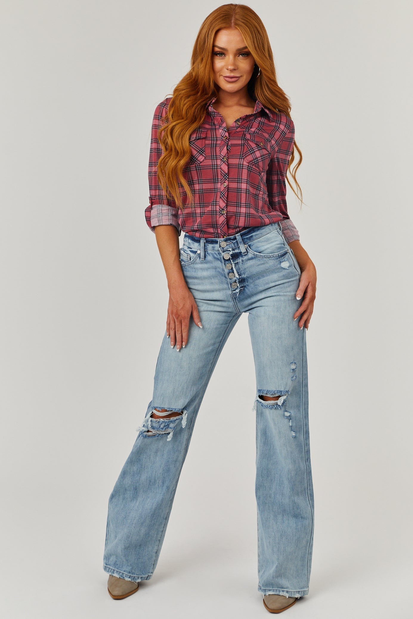 Hibiscus and Black Plaid Top with Chest Pocket