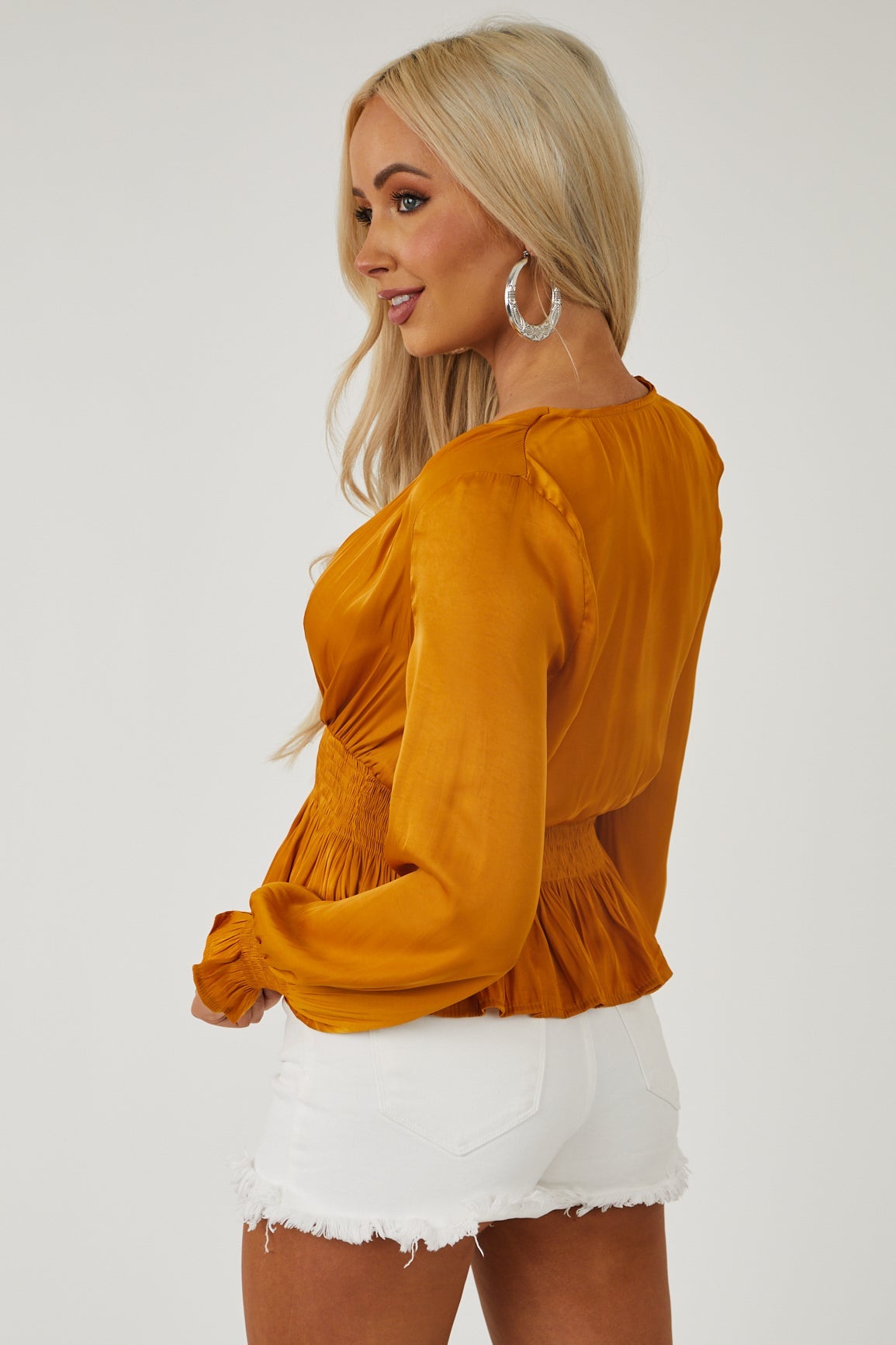 Honey Plunging Surplice Satin Peplum Blouse