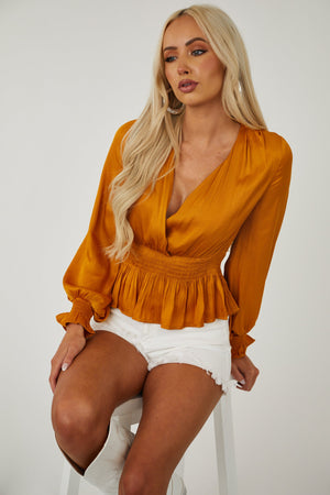 Honey Plunging Surplice Satin Peplum Blouse