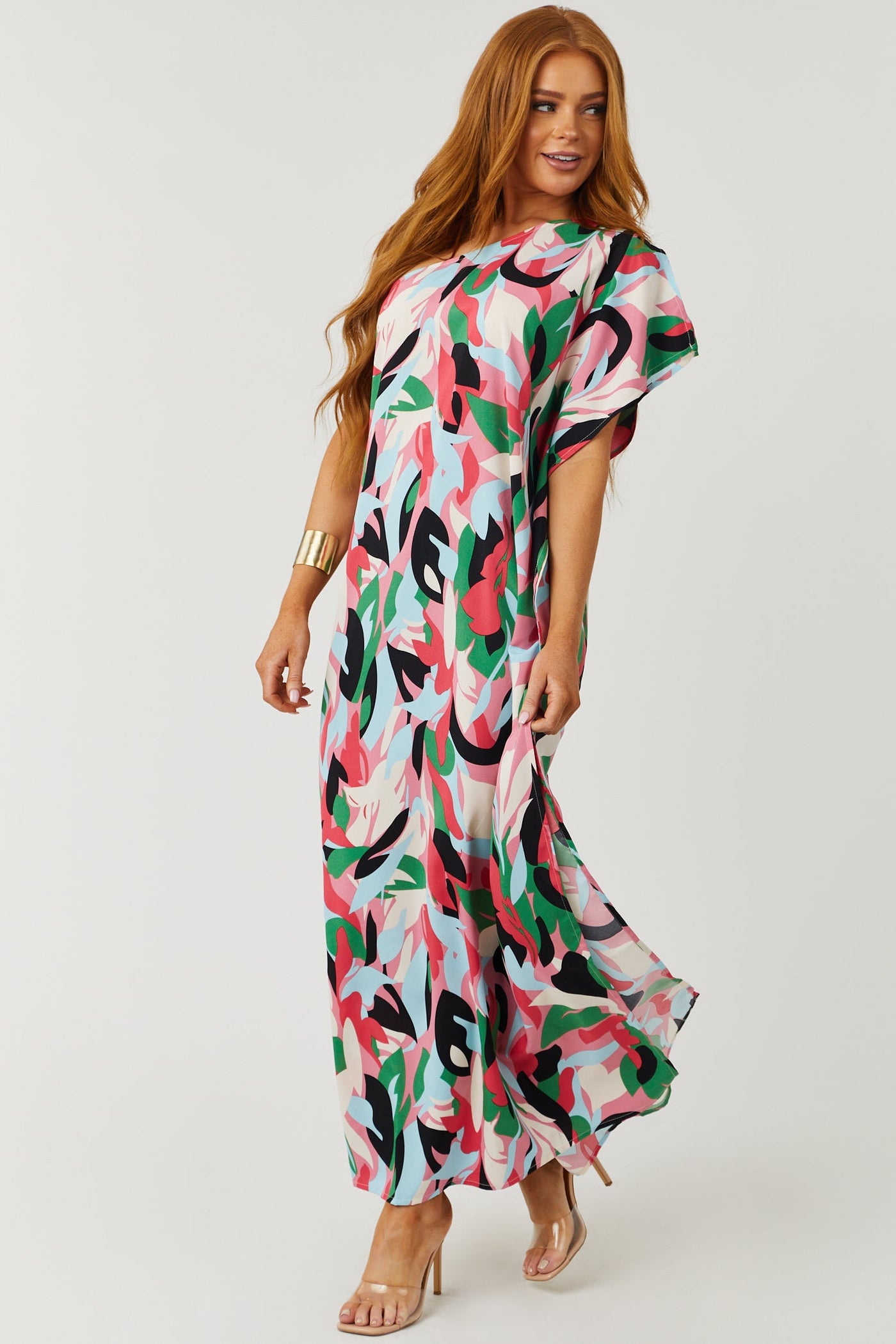 Hot Pink Abstract Print One Shoulder Maxi Dress