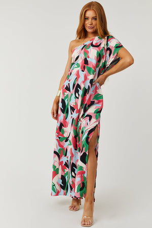 Hot Pink Abstract Print One Shoulder Maxi Dress