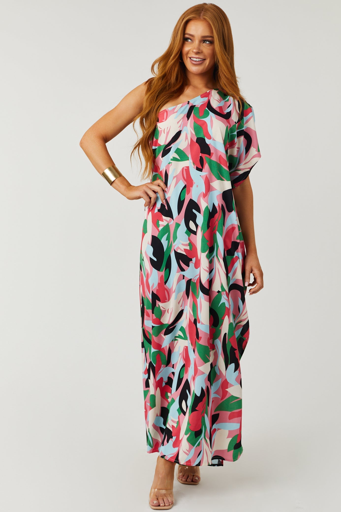 Hot Pink Abstract Print One Shoulder Maxi Dress