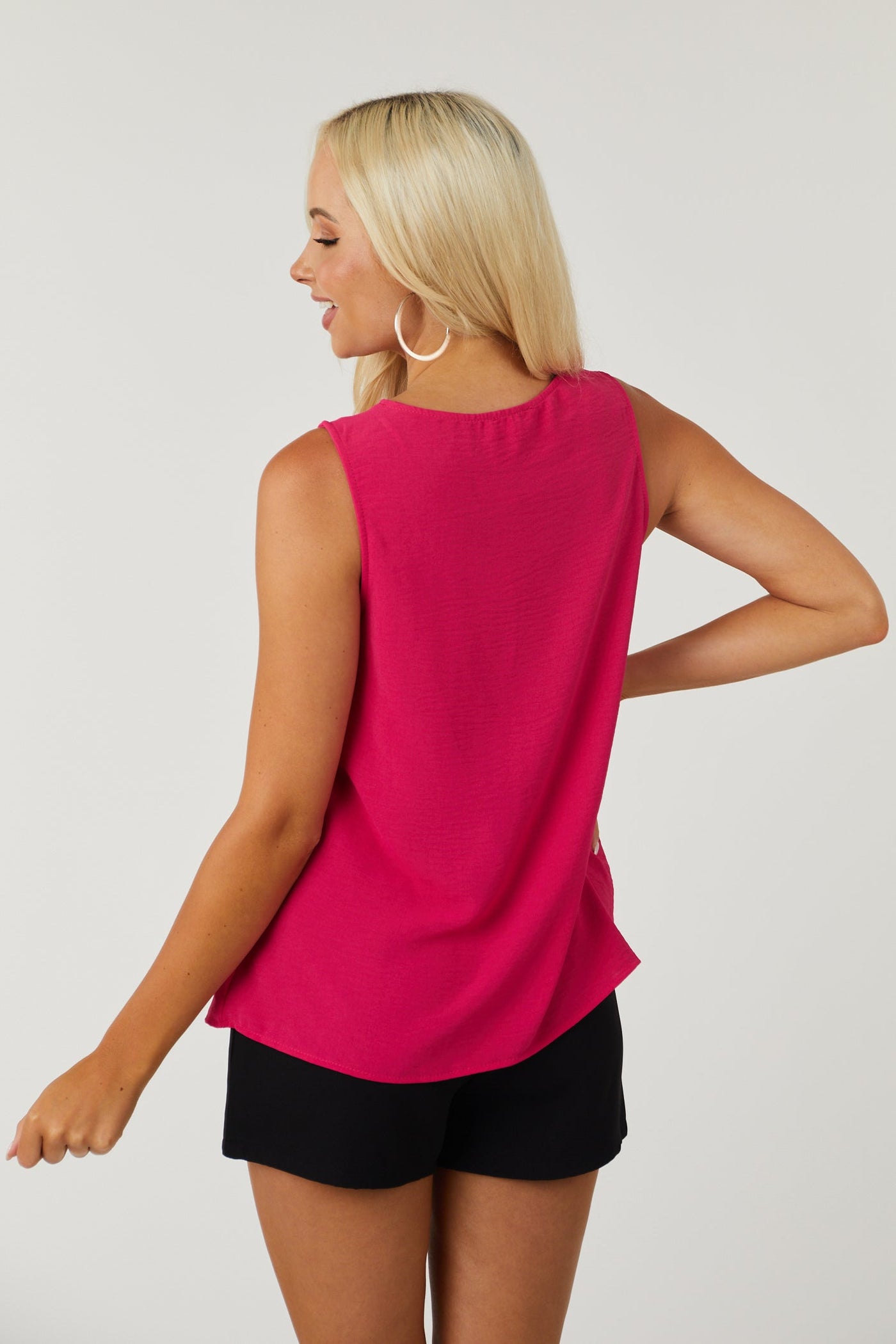 Hot Pink Banded V Neck Sleeveless Blouse