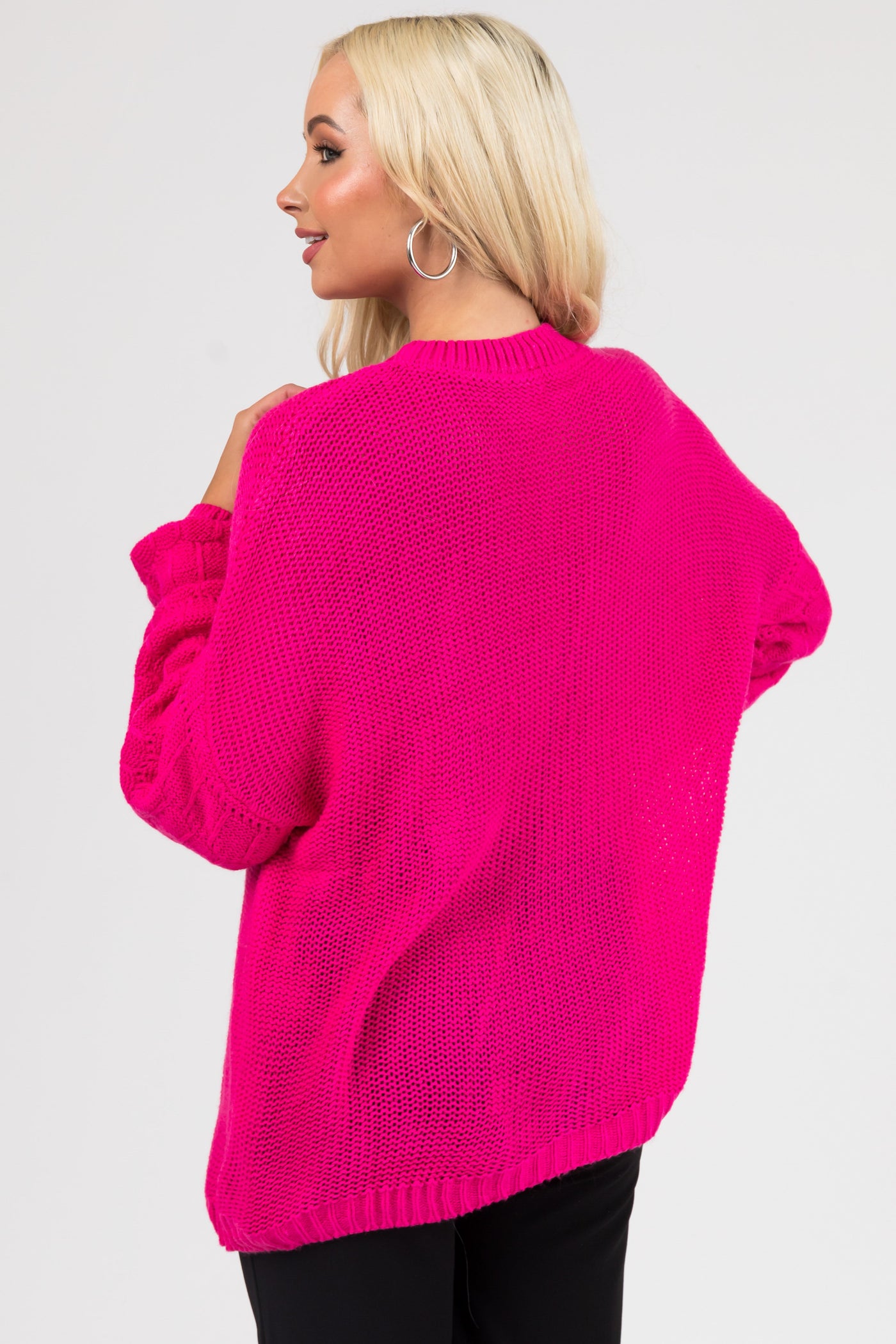 Hot Pink Checkered Textured Sleeve Sweater