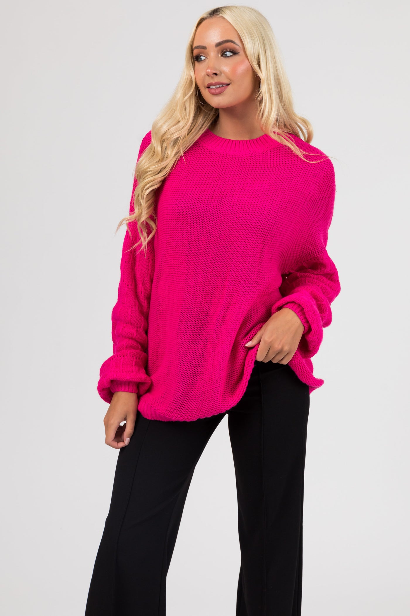 Hot Pink Checkered Textured Sleeve Sweater