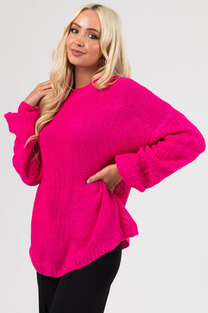 Hot Pink Checkered Textured Sleeve Sweater