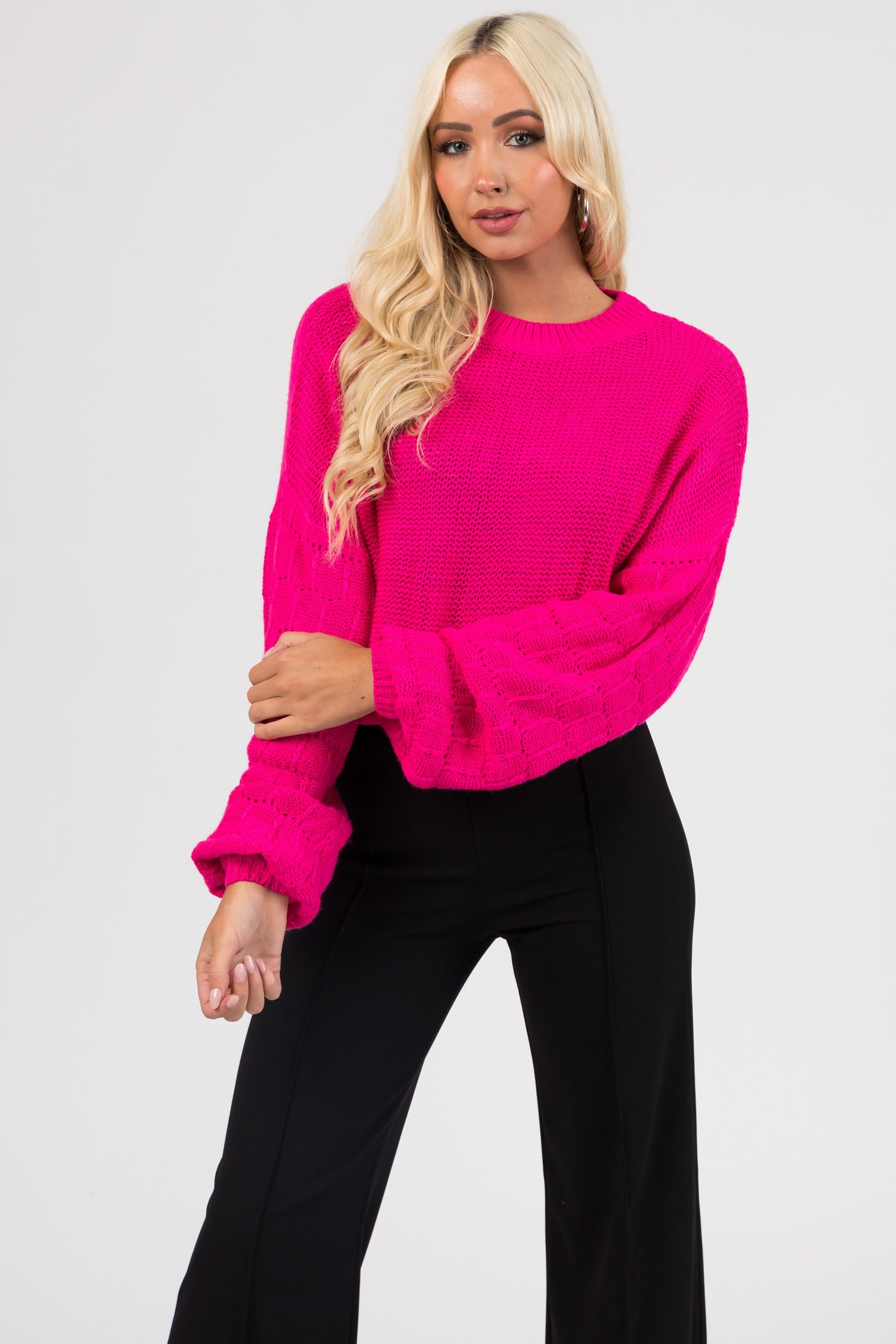 Hot Pink Checkered Textured Sleeve Sweater