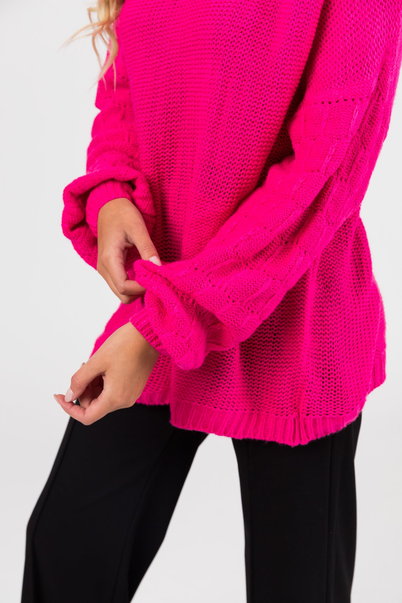 Hot Pink Checkered Textured Sleeve Sweater