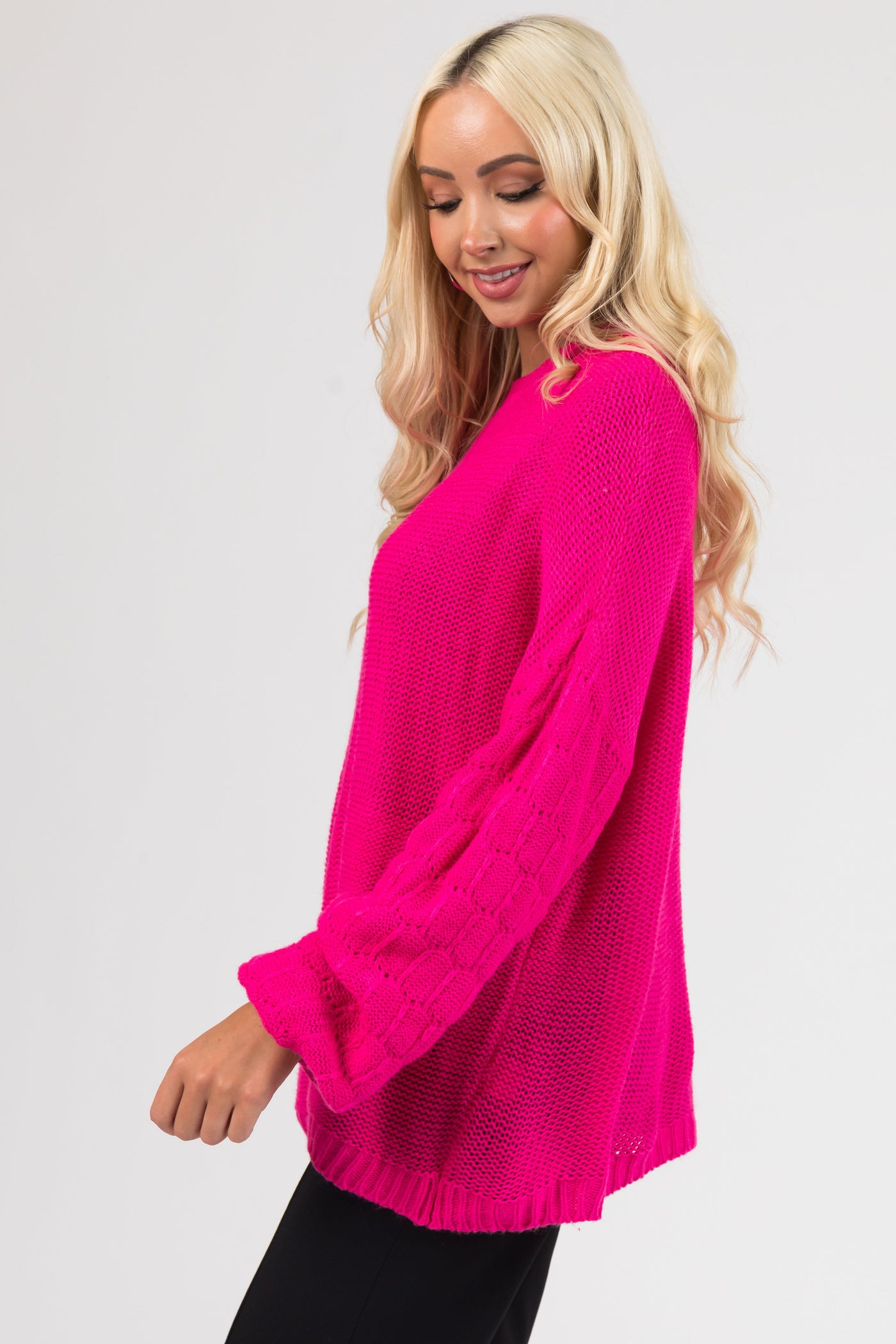 Hot Pink Checkered Textured Sleeve Sweater
