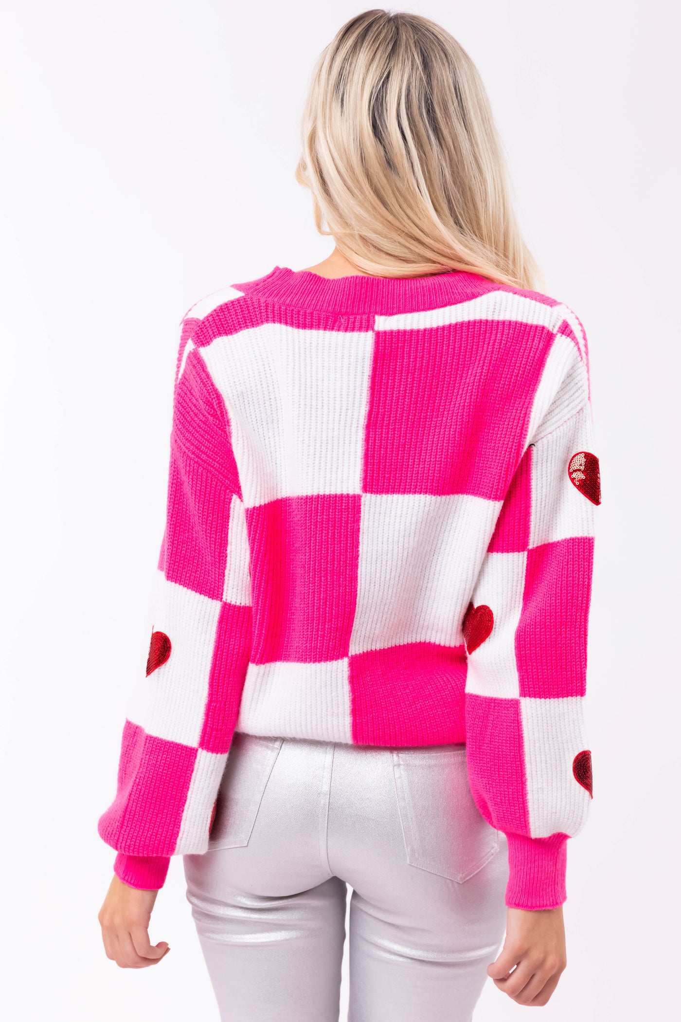 Hot Pink Colorblock Sequin Hearts Cardigan