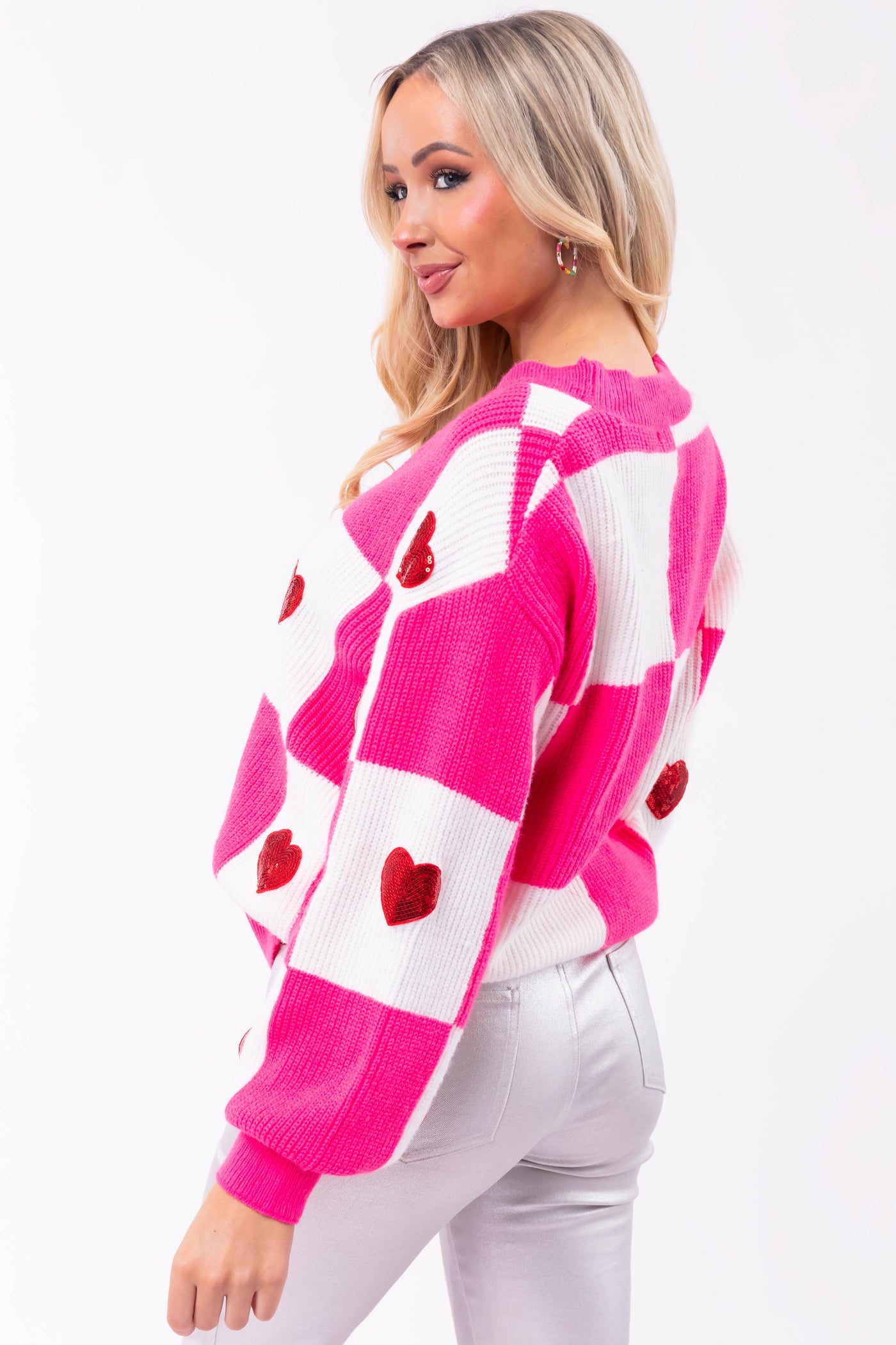 Hot Pink Colorblock Sequin Hearts Cardigan