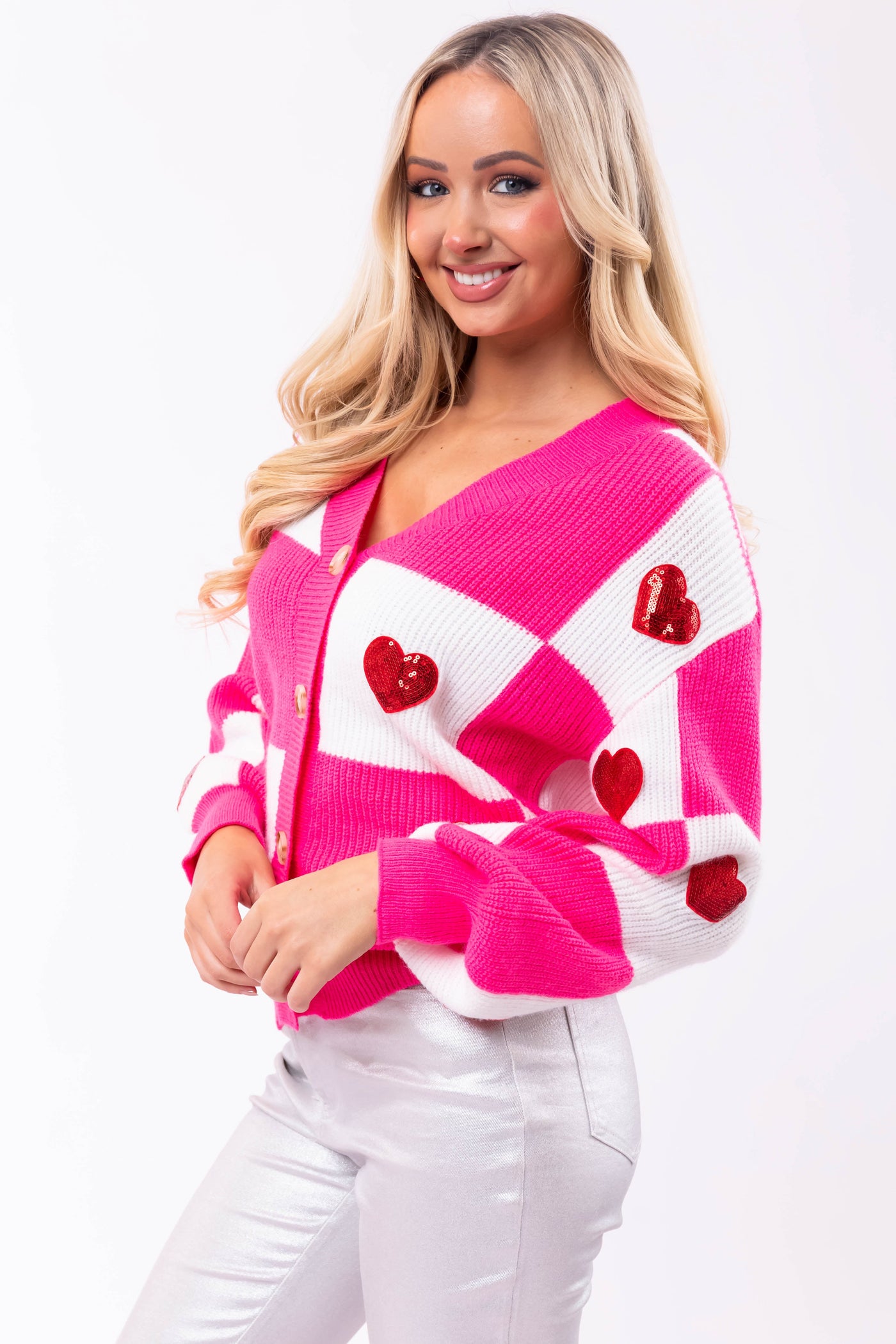 Hot Pink Colorblock Sequin Hearts Cardigan