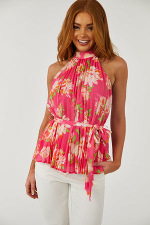 Hot Pink Floral Pleated Halter Neck Tank Top