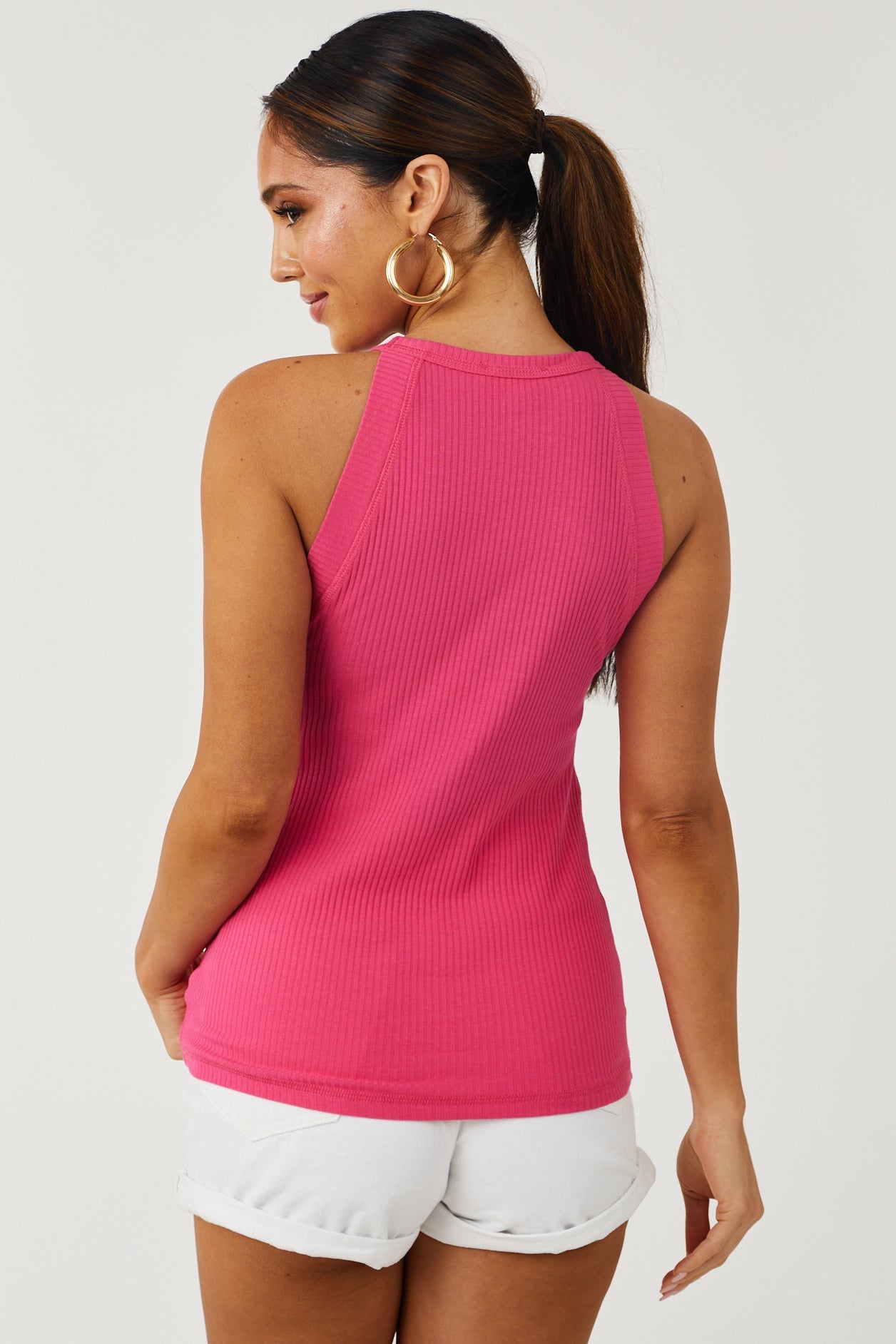 Hot Pink Halter Neck Ribbed Tank Top