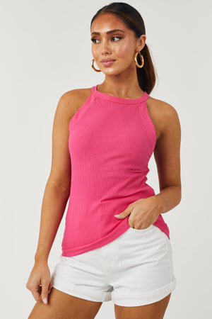 Hot Pink Halter Neck Ribbed Tank Top
