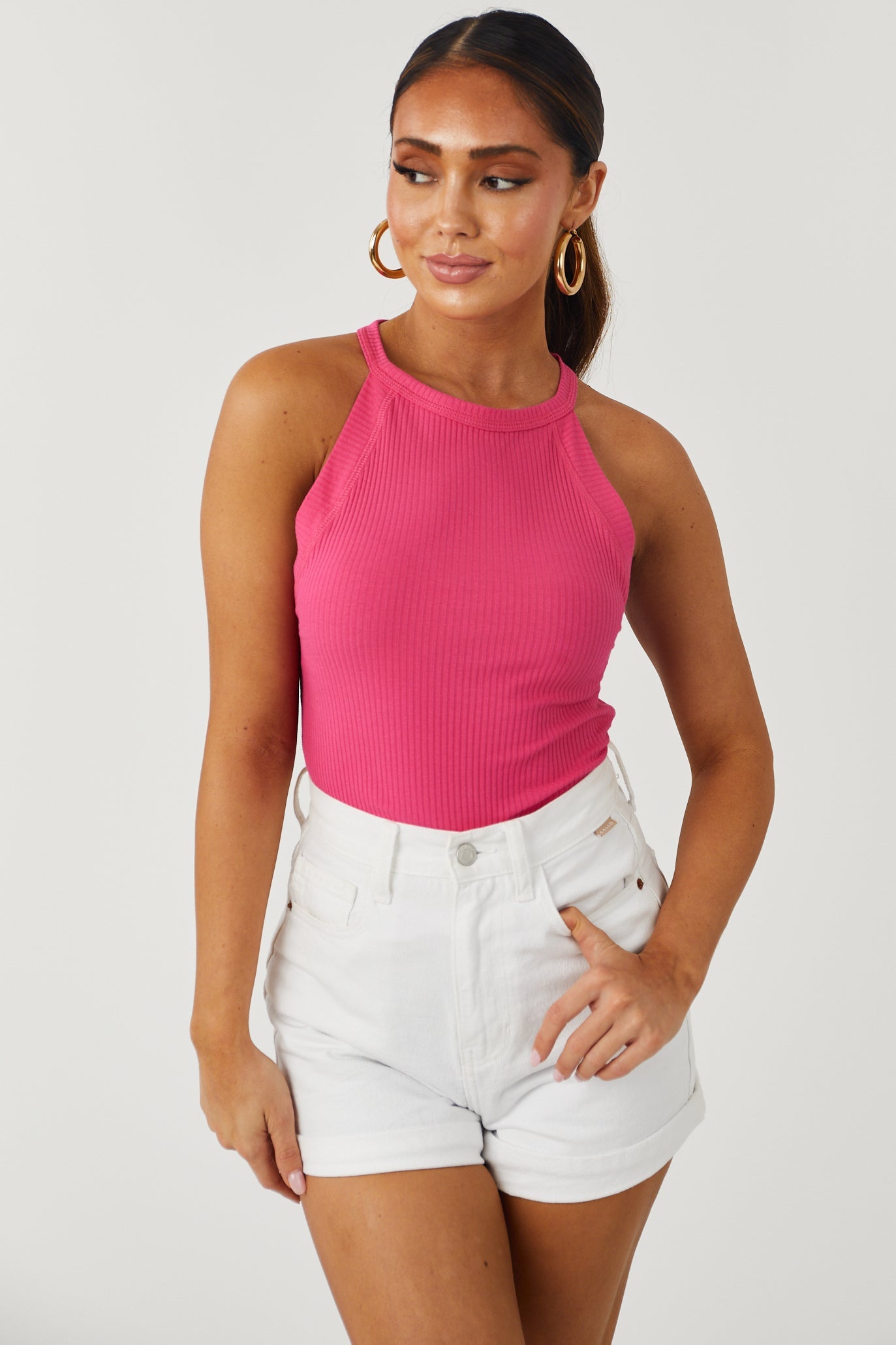 Hot Pink Halter Neck Ribbed Tank Top