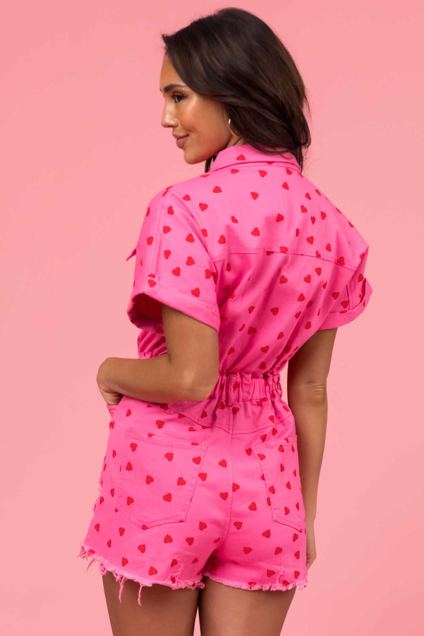 Hot Pink Heart Print Denim Romper