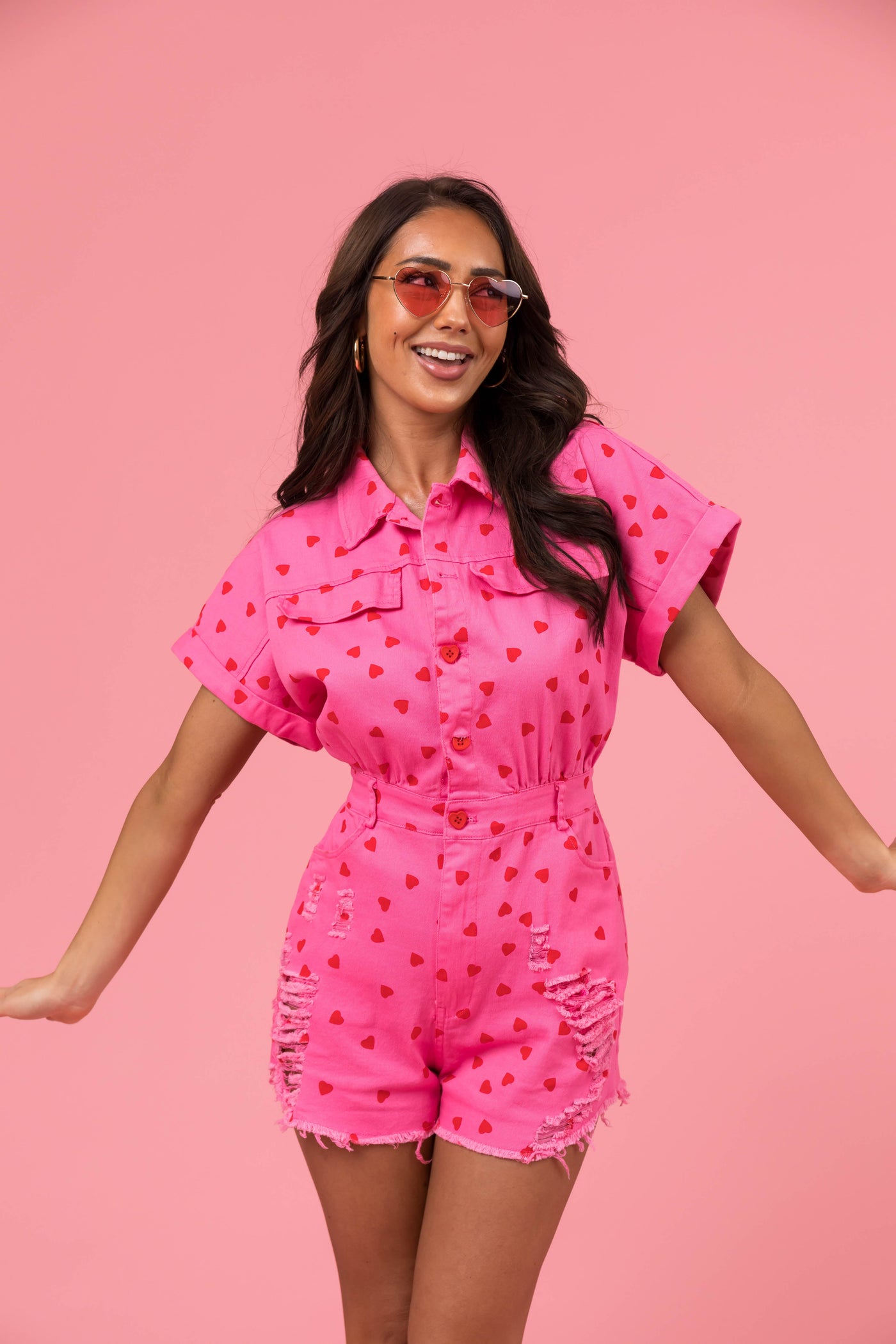 Hot Pink Heart Print Denim Romper