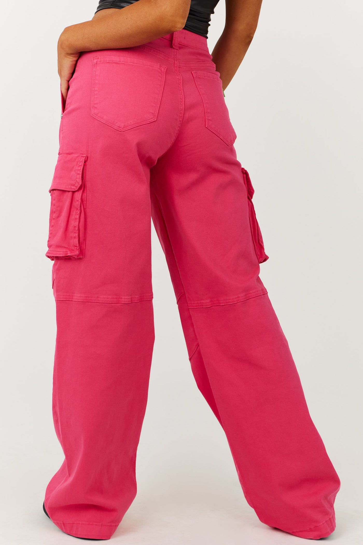 Hot Pink High Rise Wide Leg Denim Cargo Pants