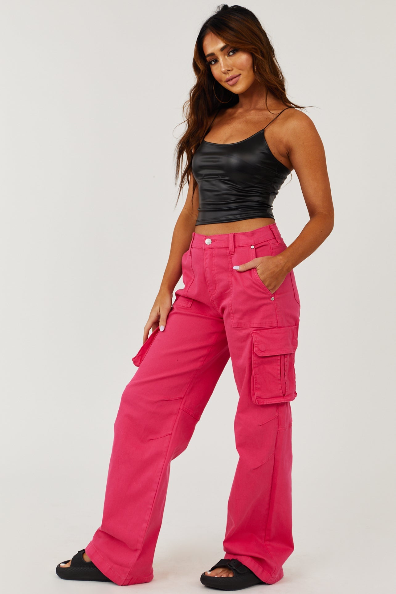 Hot Pink High Rise Wide Leg Denim Cargo Pants