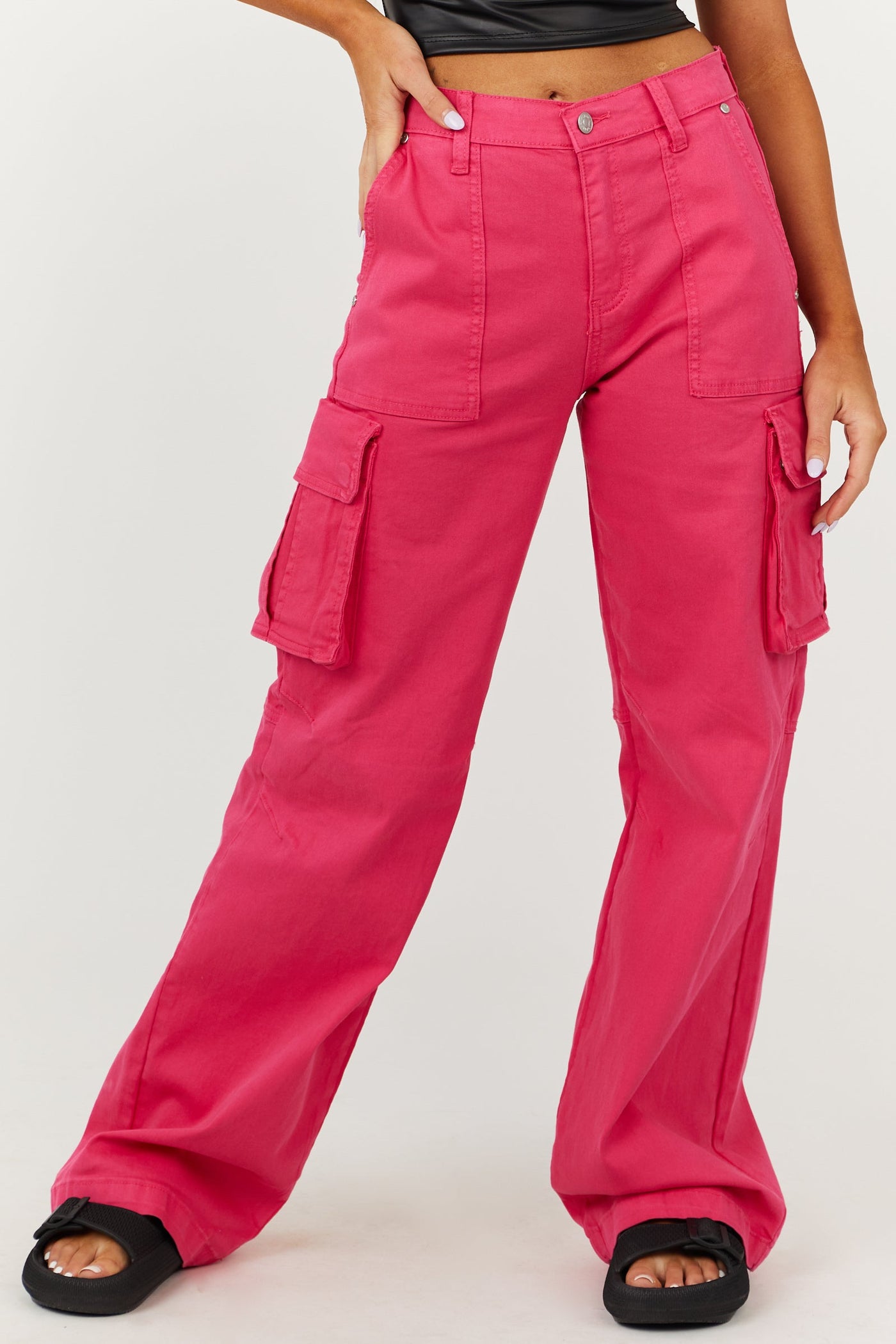 Hot Pink High Rise Wide Leg Denim Cargo Pants