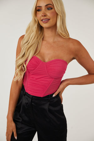 Hot Pink Mesh Strapless Corset Crop Top