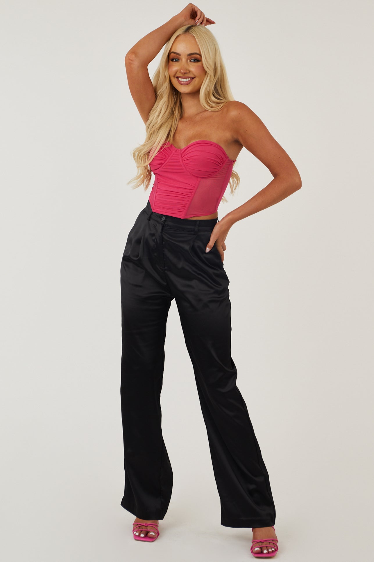 Hot Pink Mesh Strapless Corset Crop Top