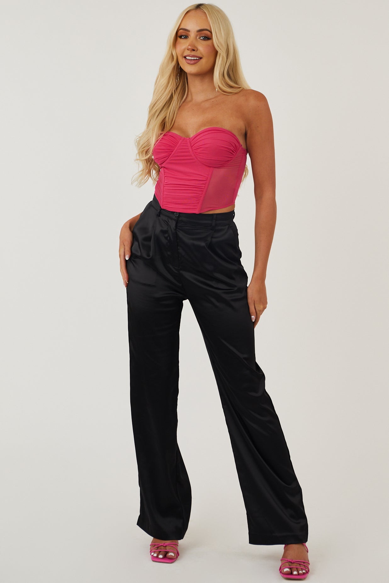 Hot Pink Mesh Strapless Corset Crop Top