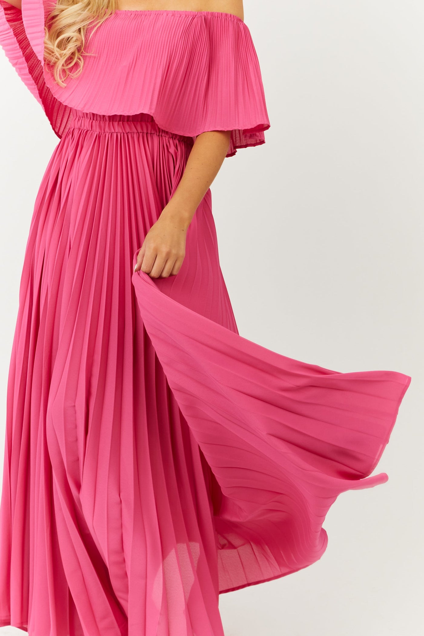 Hot Pink Pleated Off the Shoulder Maxi Dress