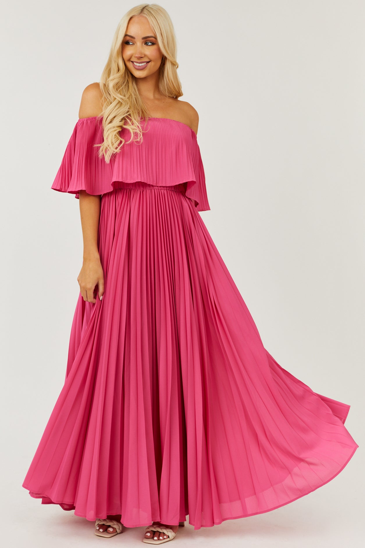 Hot Pink Pleated Off the Shoulder Maxi Dress