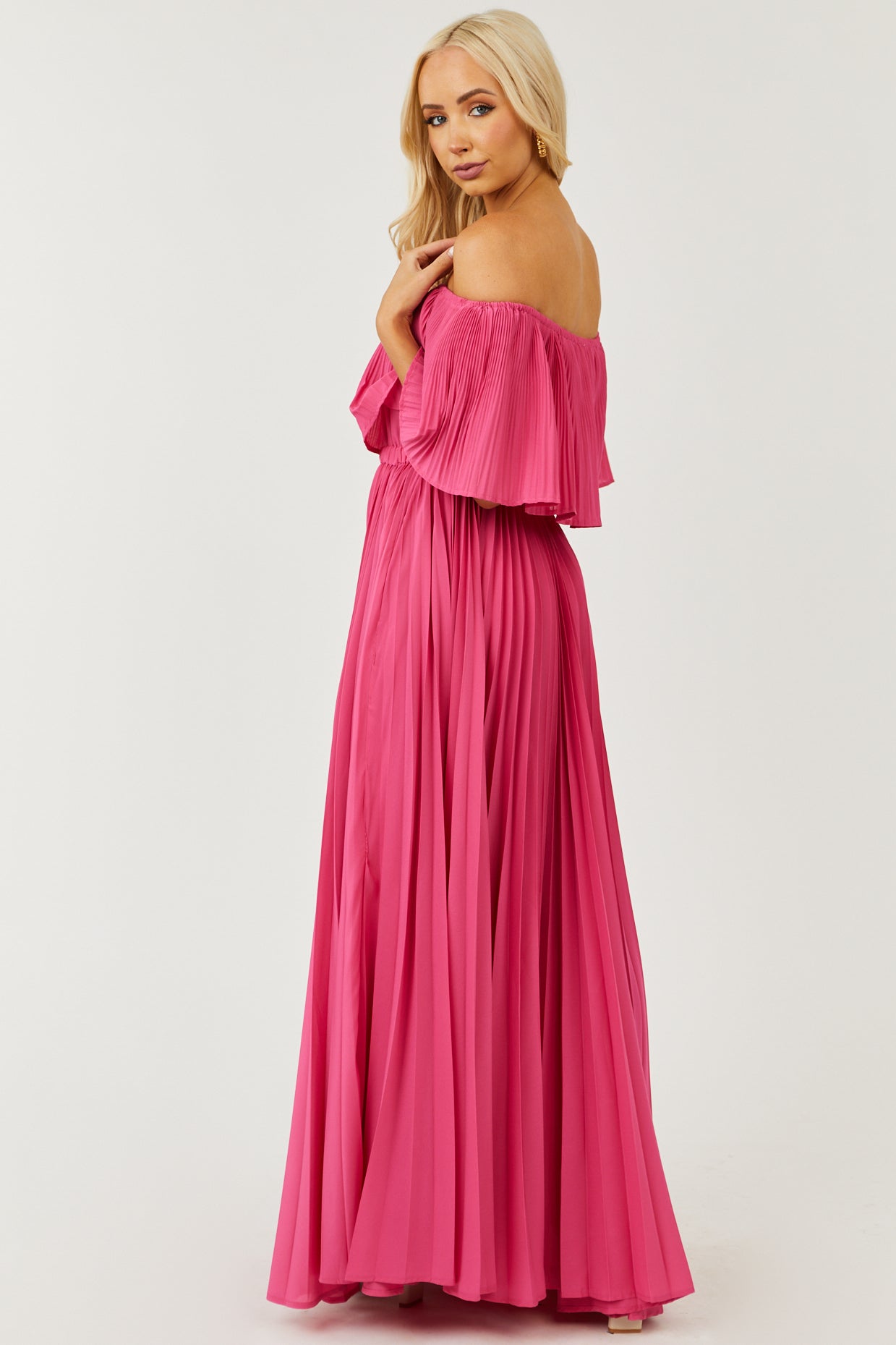 Hot Pink Pleated Off the Shoulder Maxi Dress